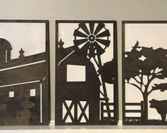 3-delad bild av ko-bondgårdsscen - Foto - Stor - Med kant - Ladugård - Digital nedladdning - Glowforge-Laser-SVG