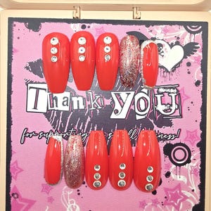 Red and Silver Medium Reusable Coffin Press On Nails &quot;HOT & RED-Y&quot;  ***Fullset/10 Sizes***