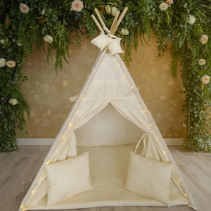 Cream Teepee Play Tent for Kids – Indoor Canvas Tent with Cushions & Lights – Boho Nursery Decor – Baby Room Tent – Toddler Playhouse Gift