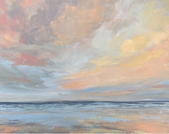 Sunset from the dunes. Original sunset seascape framed painting.