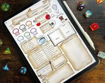 May include: A digital character sheet for a tabletop role-playing game. The sheet is designed to track character stats, skills, and abilities. It features a stylized eye with the words "Passive Perception" and a skull with the words "Death Saves".