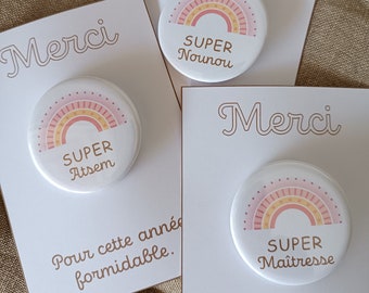 Badge épingle pour cadeau maîtresse cadeau fin d'année maîtresse remerciement maîtresse super maîtresse super nounou super atsem