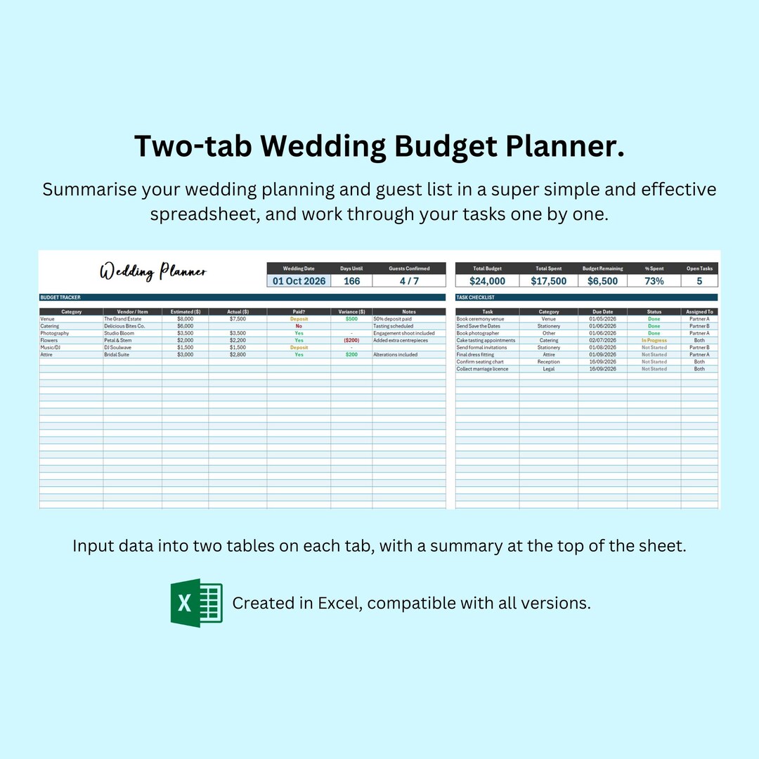 Wedding Budget Planner Excel Template | Track Expenses, Guests, Tasks ...