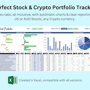 Excel Stock and Crypto Portfolio Tracker with automatic Stock Profit & Loss, manual Crypto entry but automatic charts, both USD and AUD.