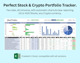 Peut inclure: Une capture d'écran d'un tableur montrant un outil de suivi de portefeuille boursier. La feuille de calcul a un schéma de couleurs bleu et vert et comprend des graphiques et des diagrammes. Le texte "Stock Portfolio" est en haut de la feuille de calcul. Le texte "Créé dans Excel, compatible avec toutes les versions." est en bas de la feuille de calcul.