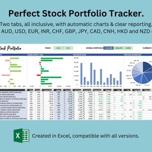 Excel Stock Portfolio Tracker with automatic Profit & Loss, Portfolio weightings, Stock positions, and easy currency conversion