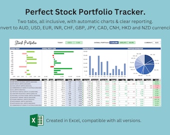 May include: A spreadsheet with a stock portfolio tracker. The spreadsheet has charts and graphs showing overall portfolio value, position by stock, and portfolio distribution. The spreadsheet is created in Excel and is compatible with all versions. The spreadsheet is in Australian dollars (AUD).