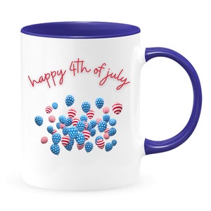 Happy 4th July USA Two Toned Mug, Independence Day Red White And Blue Balloon Coffee Mug, America Birthday Coffee Or Tea Mug