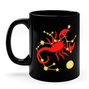 May include: Black ceramic mug with a red scorpion constellation design and the astrological symbol for Scorpio.