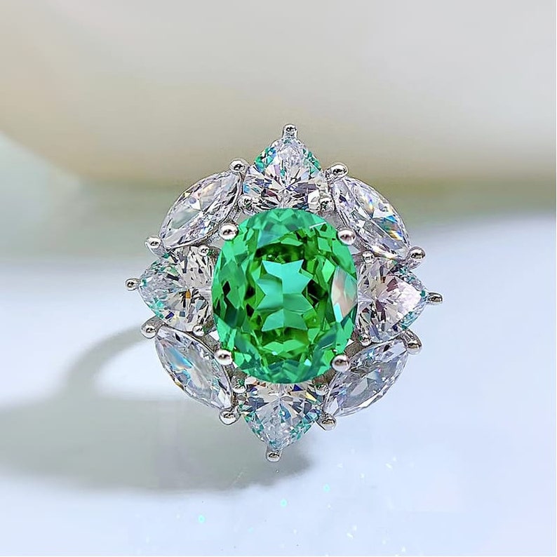 Engagement Cocktail Wedding Ring Art Deco May Birthstone Created Emerald Green Paraiba Tourmaline Ring White Gold Plated Silver Ring