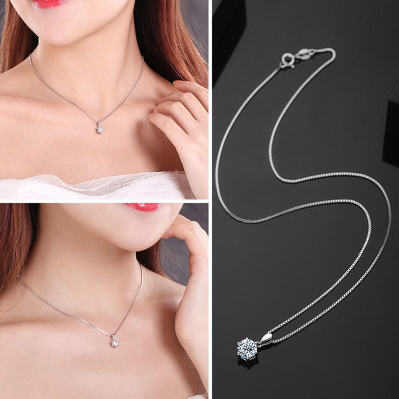 Sterling Silver With 18K White Gold Plating Handmade Engagement Gift For Women Her 1 Carat Moissanite Pendant Necklace Free Chain