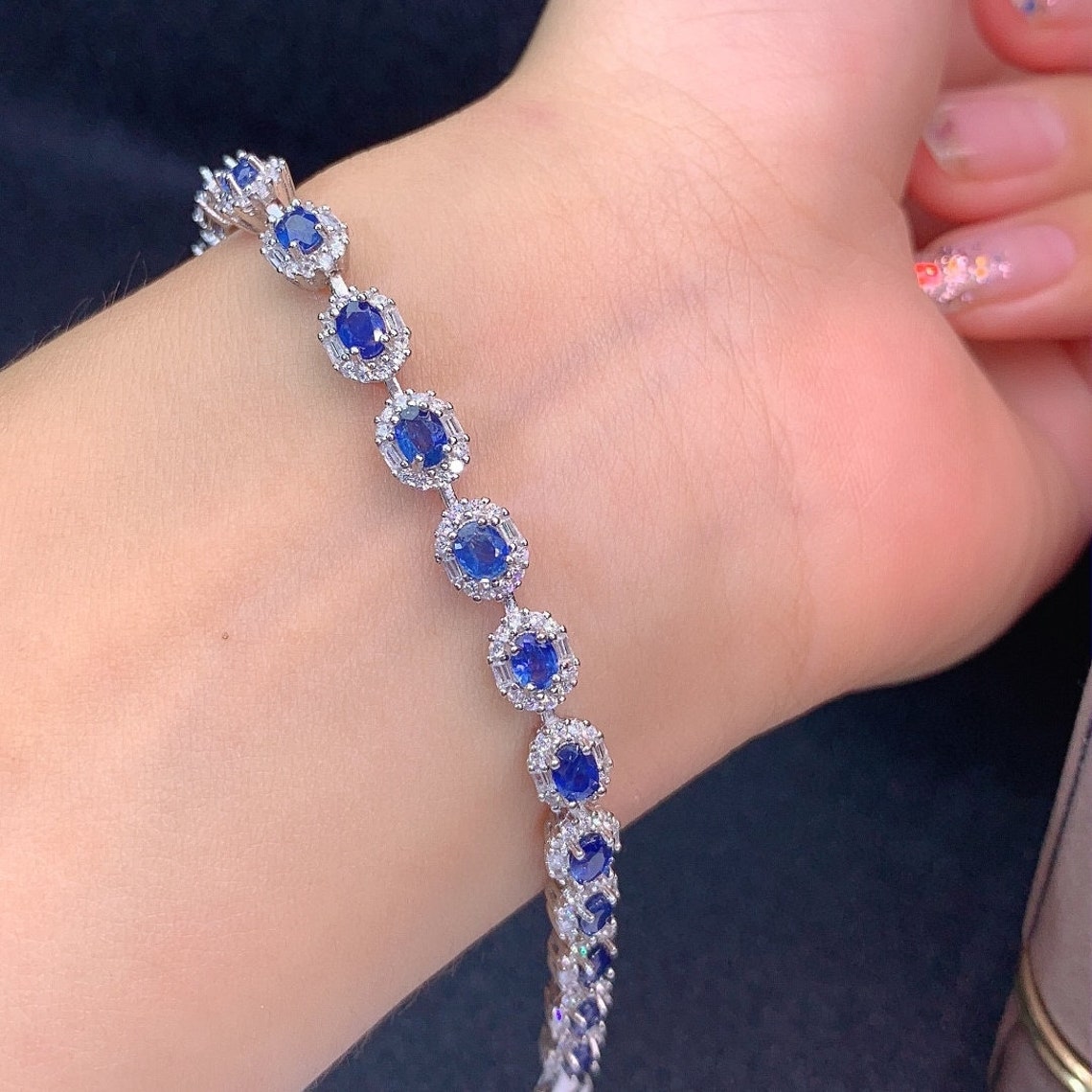 Natural Blue Sapphire Bracelet Sterling Silver With K White Etsy Uk