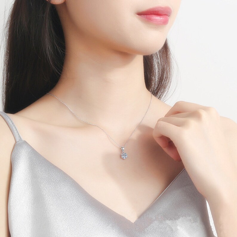 Sterling Silver With 18K White Gold Plating Handmade Engagement Gift For Women Her 1 Carat Moissanite Pendant Necklace Free Chain