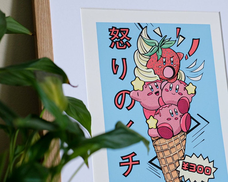 Kirby Art Parody Pop Print - Japanese style Icecream Ad - A taste of nostalgia, perfect gift for video game enthusiasts! 