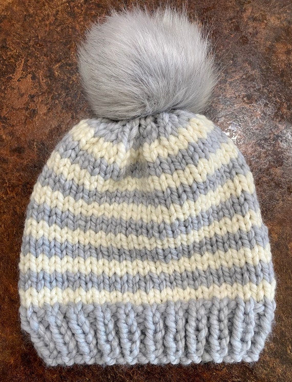Cream and Gray Knit Beanie Handmade Cream & Gray Knit Beanie – The Hook Up main image 3