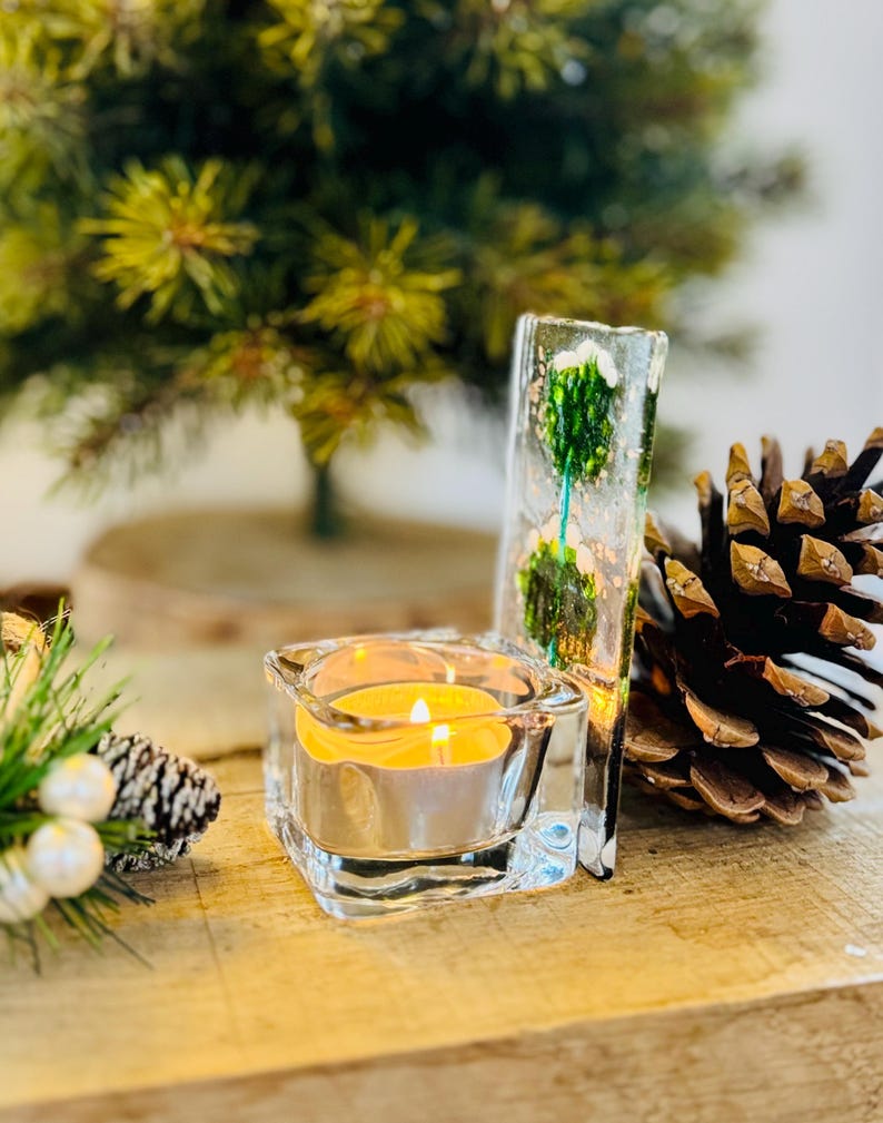 Fused Glass Christmas Winter Topiary Tree Tea Light Candle Holder Etsy UK