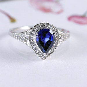 Sapphire Ring, Sapphire Pear Shape Milgraine Vintage Ring, Blue and White Sapphire Ring, September Birthstone sapphire Ring Size 7    -4
