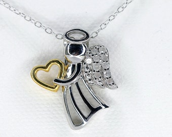 14K Gold vermeil and Silver Angel Heart White Topaz Pendant,  Religious Love Pendant, Silver Angel Pendant, Gold Heart Pendant, 18 Inch