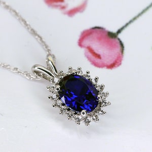 Sapphire Oval Lady Di Pendant, September Birthstone Sapphire Pendant, Sterling Silver Lab Created Sapphire Pendant, 18 inch Chain