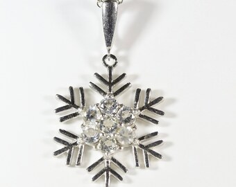 White Sapphire Snowflake Pendant, Sterling Silver Lab Created White Sapphire Whimsical Pendant, Holiday Gift, 18 inch Pendant