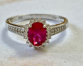 Ruby White Sapphire Halo Milgraine Ring, Ruby Oval Classic Ring, Ruby Lady Di Ring, July Birthstone Ruby Ring, Size 7      4