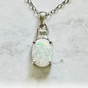 Opal Oval and Princess Cut Pendant, October Birthstone OpalPendant, Sterling Silver Lab Created Opal and White Sapphire Pendant, 18 inch, 4