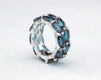Sterling Silver 8x4 Marquise London Blue Topaz Double Row Band Fashion BandDecember BirthstoneElegant BandUnique ring Gemstone Ring