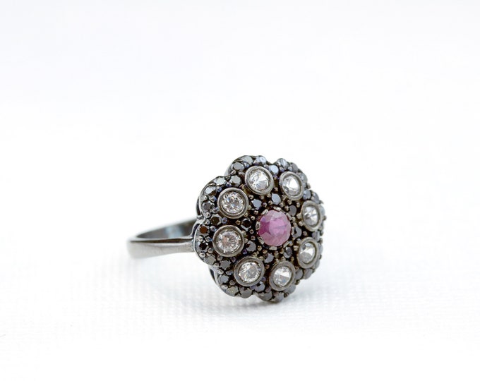 Ruby Vintage Floral Ring, Ruby ,black Spinel and Zircon Ring With Black ...