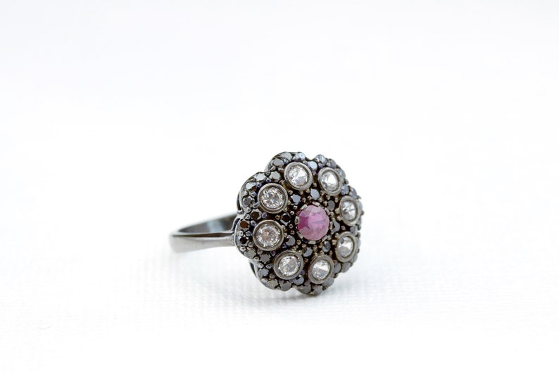 Genuine Zircon Flower Ring with Black Rhodium Sterling Silver Vintage Ring Size 5 7,8,9 6 Vintage Art Deco style Ruby,Black Spinel