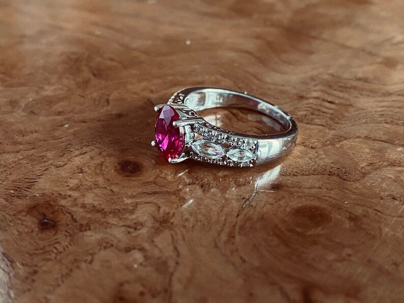 Sterling Silver Oval 9x7 Lab Created Ruby /& Marquise-Round White sapphire Ring in Size 7 Fashion Gemstone Ring Promise Ring Ruby Ring