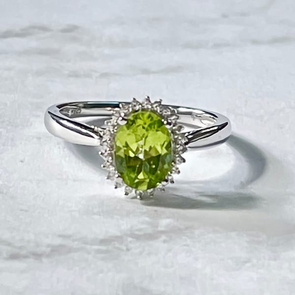 Peridot Oval Halo Ring, August Birthstone Peridot Ring, Promise Ring, Peridot White Sapphire Fashion Gemstone Ring, Lady Di Ring, size 7,4