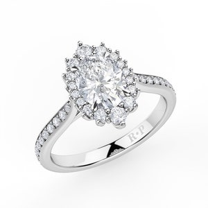 White Gold Oval Diamond Halo Engagement Ring, Platinum Lab Created Diamond Anniversary Ring, Moissanite Oval Halo Ring, Classic  Ring, 4