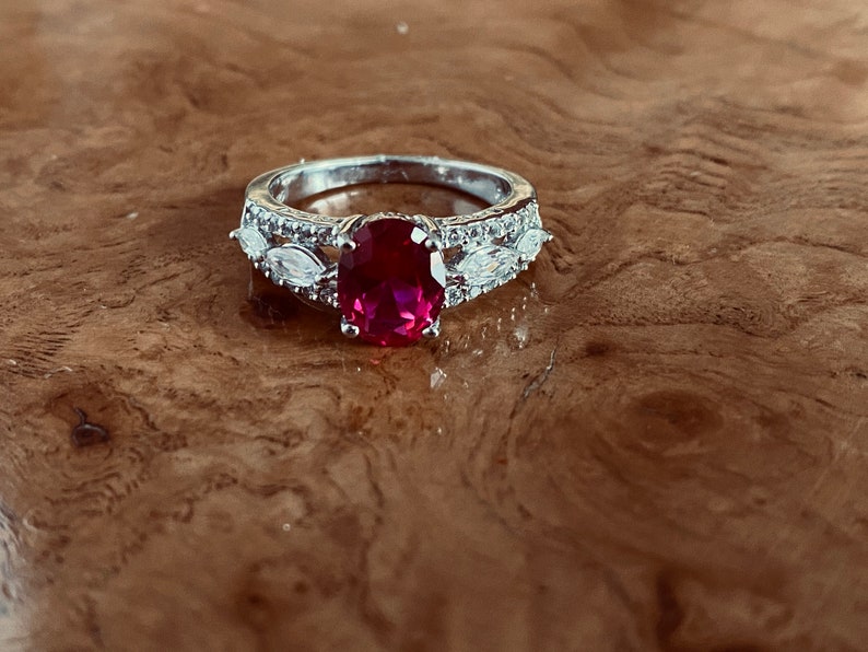 Sterling Silver Oval 9x7 Lab Created Ruby /& Marquise-Round White sapphire Ring in Size 7 Fashion Gemstone Ring Promise Ring Ruby Ring