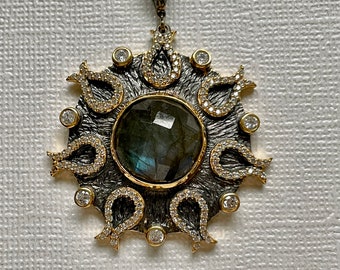 18k Gold Vermeil Vintage Gothic Designer Collection Pendant, Labradorite and Zircon Bezel Set  Black  Cable Chain Pendant 18 inch + 2inch