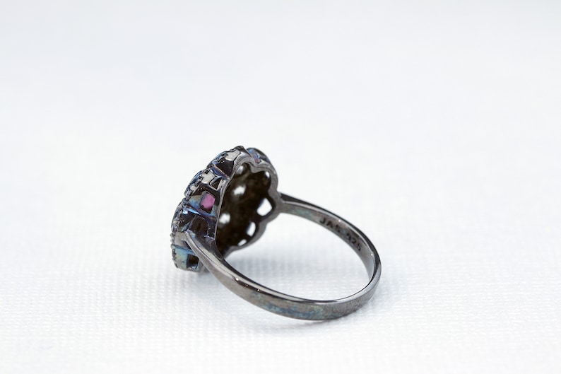 Genuine Zircon Flower Ring with Black Rhodium Sterling Silver Vintage Ring Size 5 7,8,9 6 Vintage Art Deco style Ruby,Black Spinel
