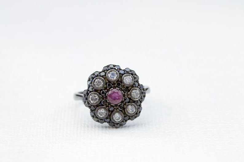 Genuine Zircon Flower Ring with Black Rhodium Sterling Silver Vintage Ring Size 5 7,8,9 6 Vintage Art Deco style Ruby,Black Spinel