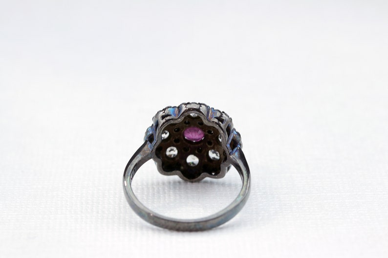 Genuine Zircon Flower Ring with Black Rhodium Sterling Silver Vintage Ring Size 5 7,8,9 6 Vintage Art Deco style Ruby,Black Spinel