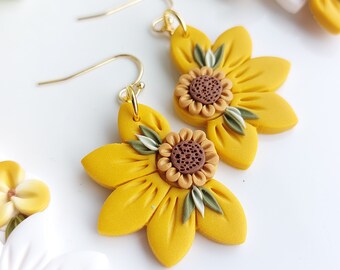 Pendientes de girasol-Estilo boho primavera y verano- Pendientes amarillos- Pendientes florales -Pendientes de arcilla polimérica- Regalos