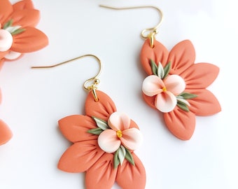 Pendientes boho naranja- Pendientes de flores- Arcilla polimérica- Hecho en Irlanda