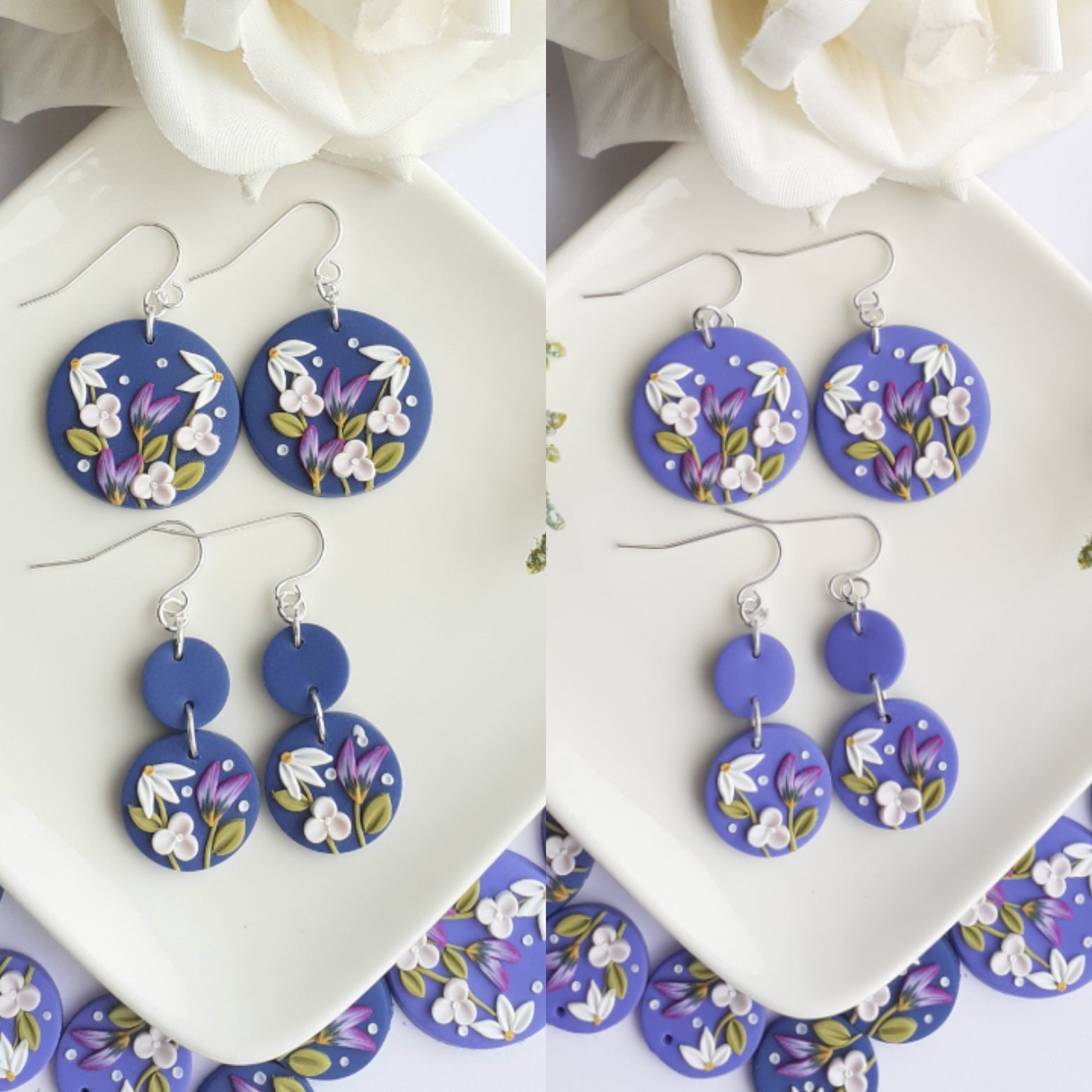 Violet/Navy flower earrings- Irishmade clay earrings- Dainty dangle e…