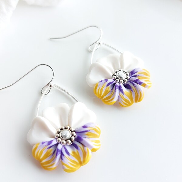 White and Lilac Spring/Summer pansy flower earrings- Polymer clay earrings- Pansy and purple flower earrings- Made in Ireland