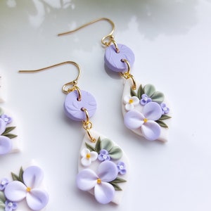 Lilac floral earrings with dainty oval drop bead- Pretty springtime styles- Handcrafted in Ireland