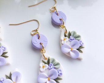 Lilac floral earrings with dainty oval drop bead- Pretty springtime styles- Handcrafted in Ireland