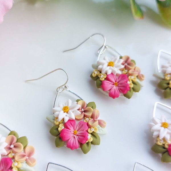 Pink floral earrings- Handcrafted polymer clay earrings- Bouquet of flowers- Made in Ireland