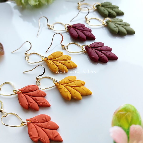 Leaf earrings made from polymer clay- Available in Yellow, Olive, Burgundy, Oat and Pumpkin