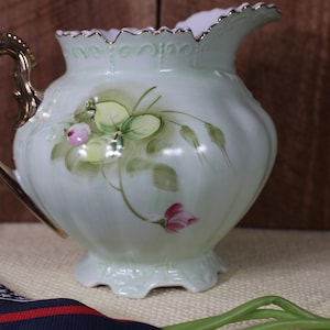 Lefton Heritage Toses Squat Water Pitcher. Fine Porcelain, Greed with Pink Floral, and Gilded Gold Handle and Gold  Trim #796 6.5&quot; tall