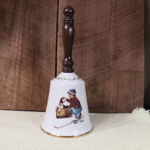 Beautiful Vintage Gorham Large Porcelain Bell, Norman Rockwell&#39;s &quot;A Boy Meets His Dog&quot; 1979,  9&quot;.