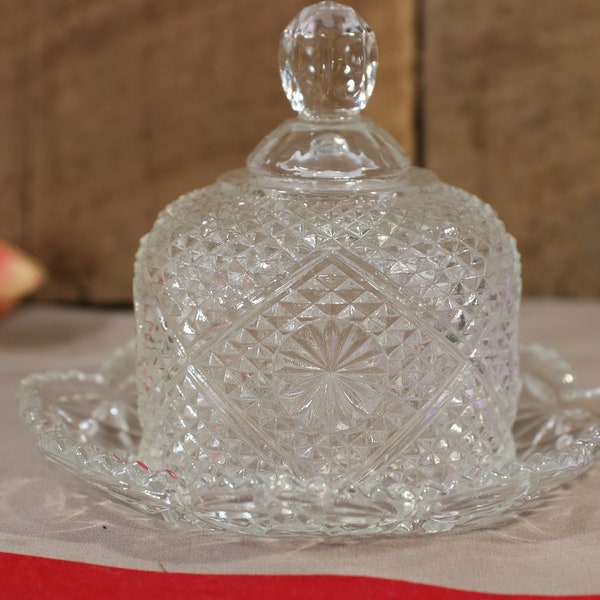 Avon Covered Butter Dish Pattern AVC6. Beautiful thick prismatic cut crystal. 6 1/4 in wide by 4 3/4 in tall.