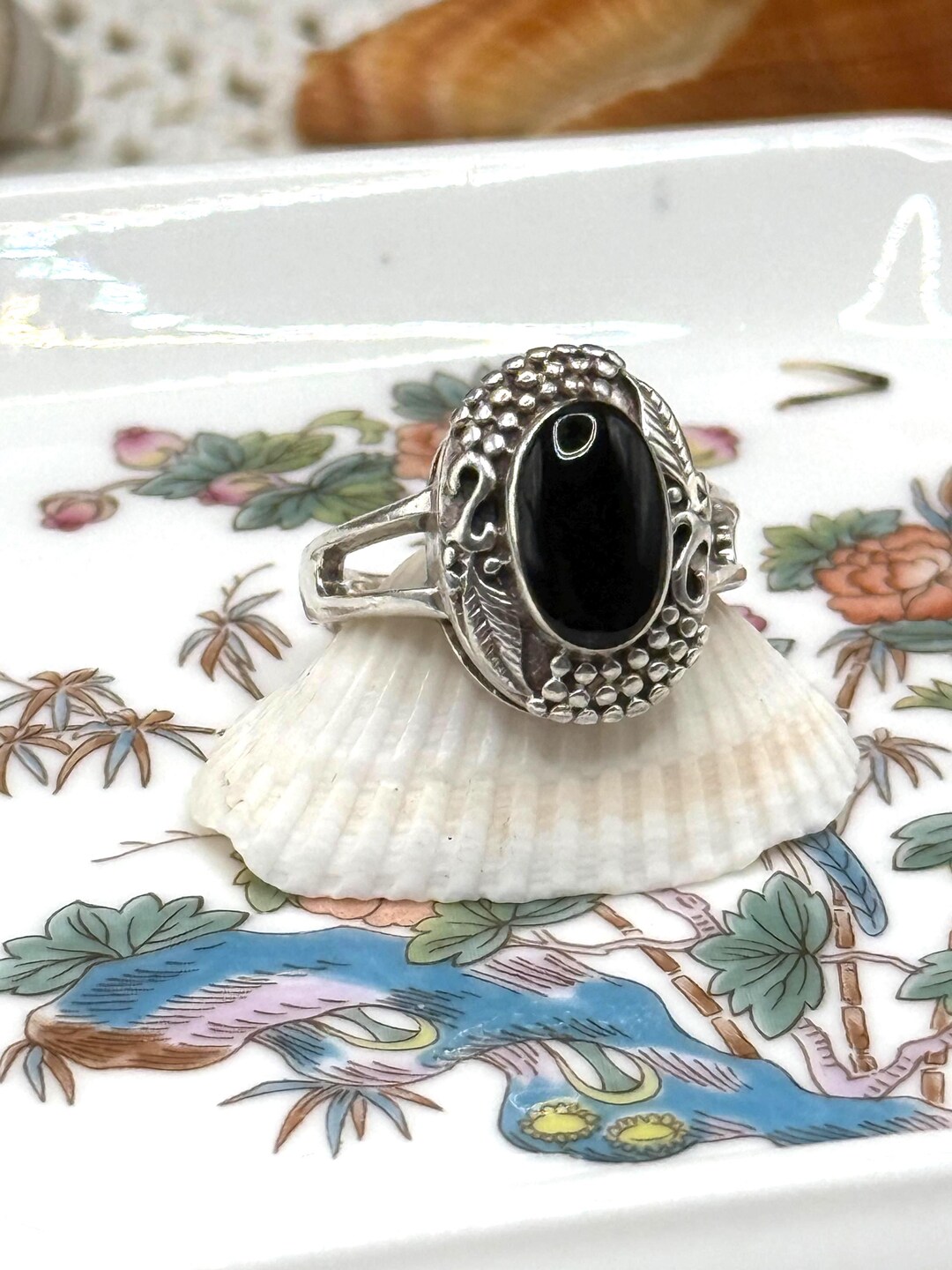 Vintage HAN 925 Sterling Silver Natural Black Onyx Boho Leaf Statement ...