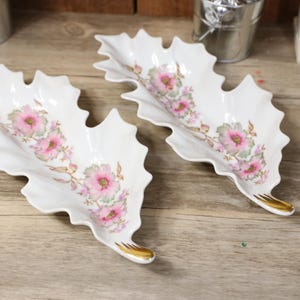 Set of 2 Old Nuremberg Leaf Shaped 11 inch Candy/Nut dishes. Beautiful Dogwood Flower Floral Print on Elegant Bone China with Gold Accents.